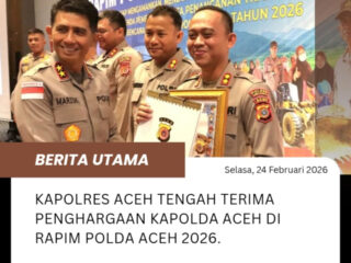 Kapolres Aceh Tengah Terima Penghargaan Kapolda Aceh di Rapim Polda Aceh 2026.