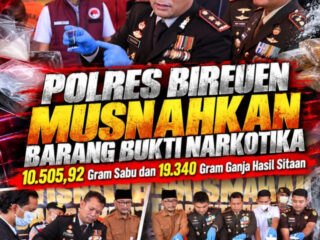 Polres Bireuen Musnahkan Barang Bukti Narkotika, 10.505,92 Gram Sabu dan 19.340 Gram Ganja Hasil Sitaan